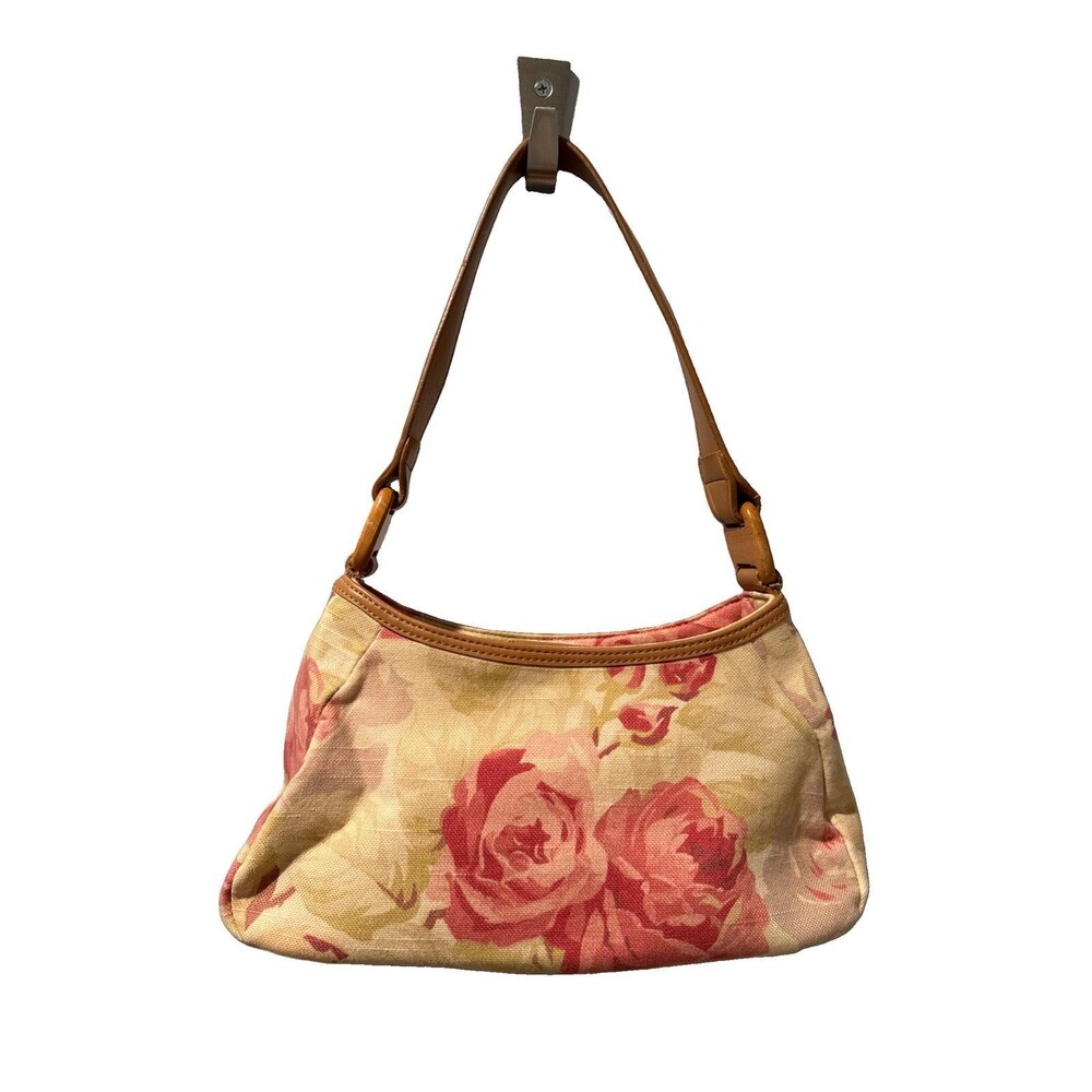 Vintage Fossil Rose Floral Fabric Zipper Handbag Purse #75082